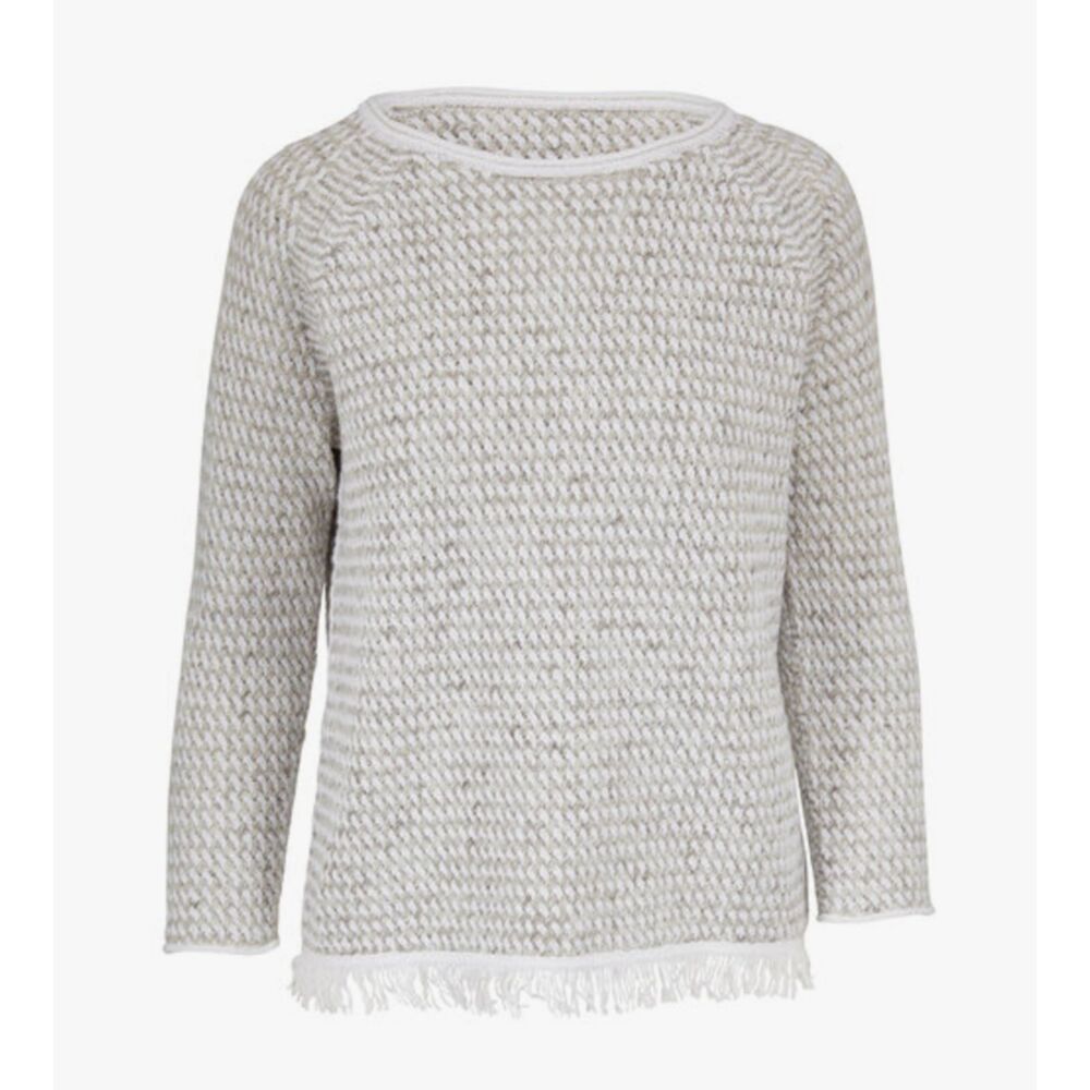 Kinross Quiet Luxury Chunky White & Pebble Lattice Knit Cotton Fringe Sweater L